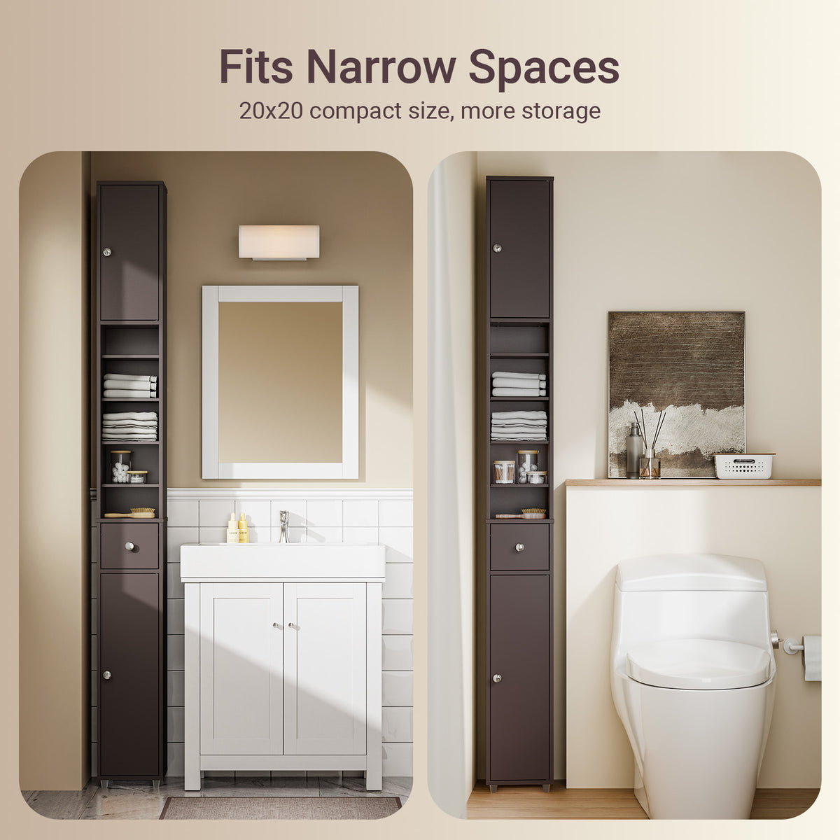 SoBuy BZR34-II-BR, Tall Bathroom Cabinet Solid Wood– Slim Bathroom Storage Unit Freestanding with Adjustable Shelves and Drawer Space-Saving Storage Cupboard 20x180x20cm, Brown, W20 x D20 x H180cm
