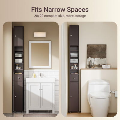 SoBuy BZR34-II-BR, Tall Bathroom Cabinet Solid Wood– Slim Bathroom Storage Unit Freestanding with Adjustable Shelves and Drawer Space-Saving Storage Cupboard 20x180x20cm, Brown, W20 x D20 x H180cm