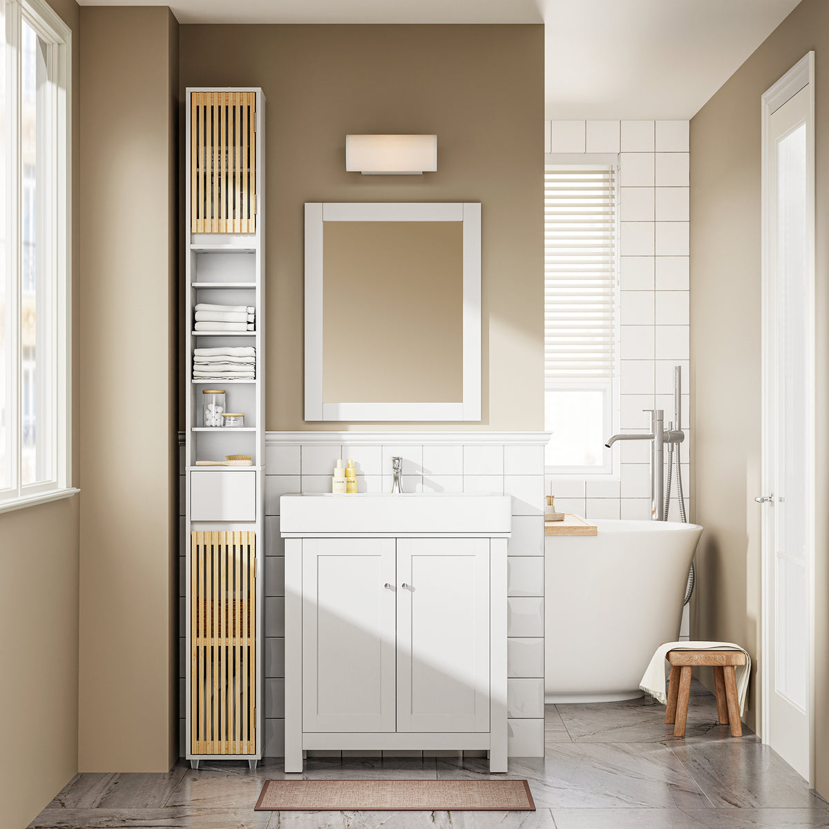 SoBuy BZR34-BW Slim Bathroom Tall Cabinet 20cm Wide – Freestanding Tallboy Storage Unit with Bamboo Doors & Adjustable Shelves, White