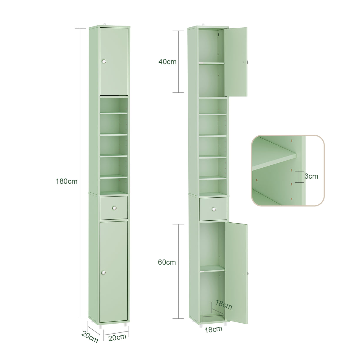 SoBuy BZR34-II-GR, Tall Bathroom Storage Cabinet - Freestanding Slim Bathroom Cabinet, Water-Resistant MDF with Adjustable Shelves and Drawer - Compact Bathroom Furniture, Light Green, 20x20x180cm