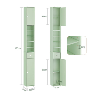 SoBuy BZR34-II-GR, Tall Bathroom Storage Cabinet - Freestanding Slim Bathroom Cabinet, Water-Resistant MDF with Adjustable Shelves and Drawer - Compact Bathroom Furniture, Light Green, 20x20x180cm