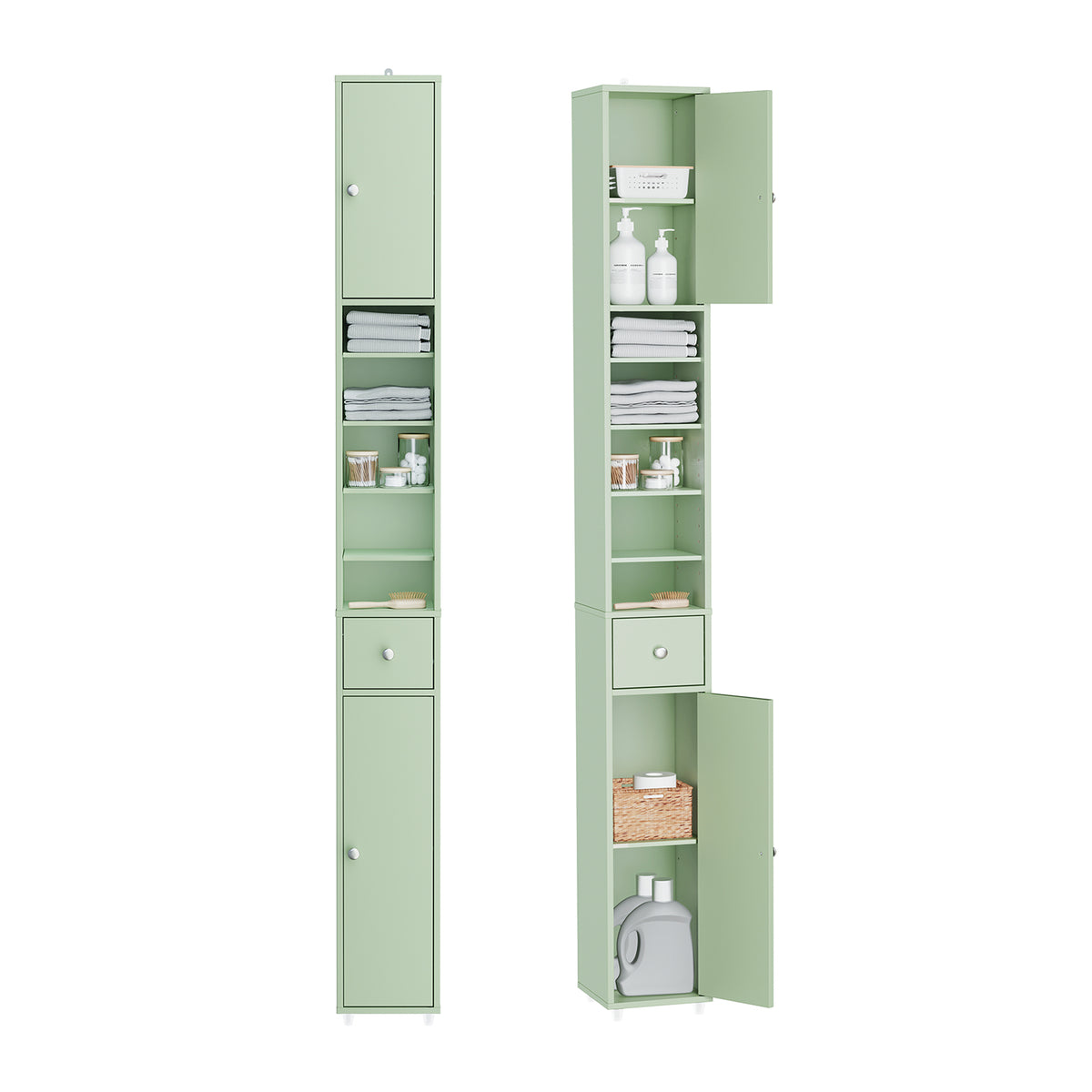 SoBuy BZR34-II-GR, Tall Bathroom Storage Cabinet - Freestanding Slim Bathroom Cabinet, Water-Resistant MDF with Adjustable Shelves and Drawer - Compact Bathroom Furniture, Light Green, 20x20x180cm