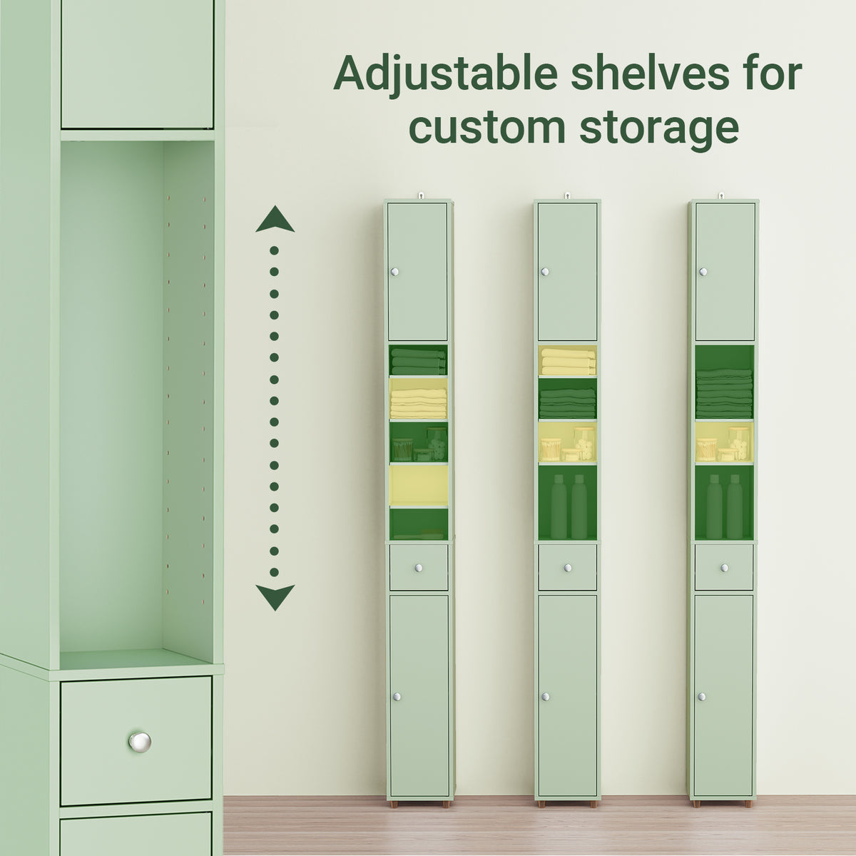 SoBuy BZR34-II-GR, Tall Bathroom Storage Cabinet - Freestanding Slim Bathroom Cabinet, Water-Resistant MDF with Adjustable Shelves and Drawer - Compact Bathroom Furniture, Light Green, 20x20x180cm