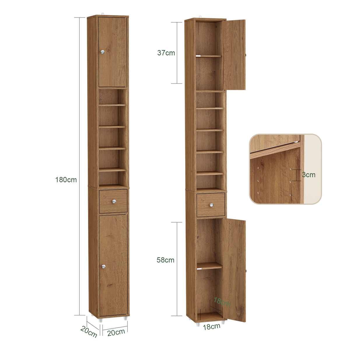 SoBuy BZR34-II-PF dimensions diagram – W20×D20×H180cm slim tall bathroom cabinet 45kg load capacity