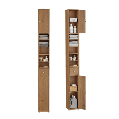 SoBuy BZR34-II-PF slim tall bathroom cabinet 20cm wide natural wood – white background front view