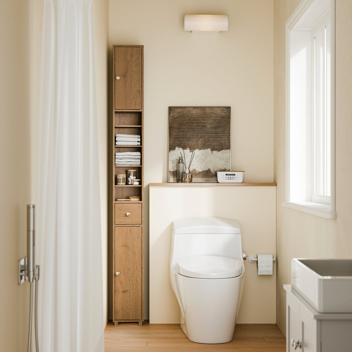 SoBuy BZR34-II-PF narrow freestanding bathroom storage unit in bathroom lifestyle setting – natural wood colour