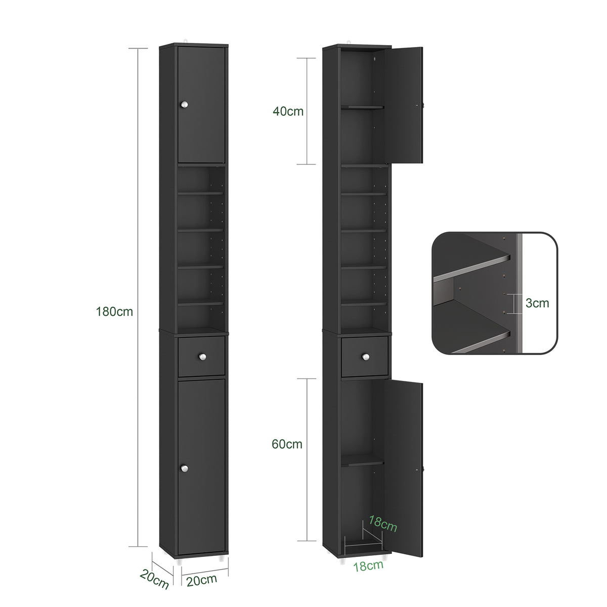 SoBuy BZR34-II-SCH Narrow Bathroom Cabinet – Tall Bathroom Cabinet Made of Wood with Adjustable Shelves – Water-Resistant Bathroom Cabinet, Space-Saving Bathroom Furniture, Black, 20x180x20cm