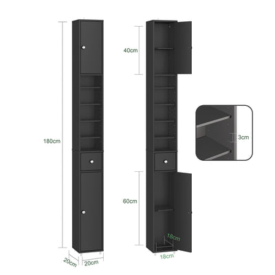 SoBuy BZR34-II-SCH Narrow Bathroom Cabinet – Tall Bathroom Cabinet Made of Wood with Adjustable Shelves – Water-Resistant Bathroom Cabinet, Space-Saving Bathroom Furniture, Black, 20x180x20cm