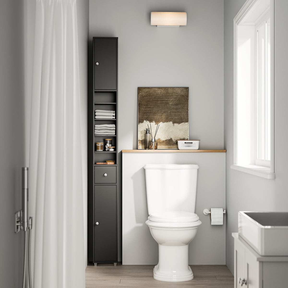 SoBuy BZR34-II-SCH Narrow Bathroom Cabinet – Tall Bathroom Cabinet Made of Wood with Adjustable Shelves – Water-Resistant Bathroom Cabinet, Space-Saving Bathroom Furniture, Black, 20x180x20cm