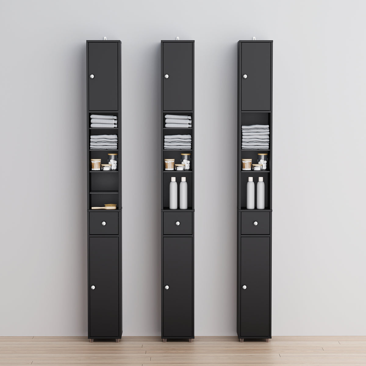SoBuy BZR34-II-SCH Narrow Bathroom Cabinet – Tall Bathroom Cabinet Made of Wood with Adjustable Shelves – Water-Resistant Bathroom Cabinet, Space-Saving Bathroom Furniture, Black, 20x180x20cm