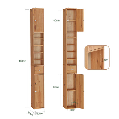SoBuy BZR34-II-SH, Tall Bathroom Cabinet Solid Wood– Slim Bathroom Storage Unit Freestanding with Adjustable Shelves and Drawer – Space-Saving Storage Cupboard, Water-Resistant, 20x180x20cm