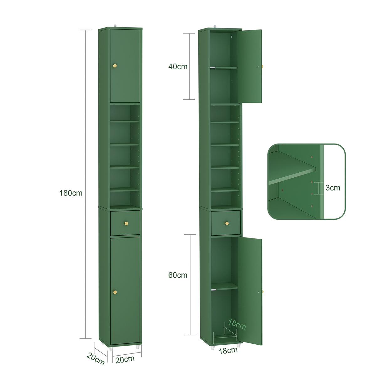 SoBuy BZR34-II-SY dimensions diagram – W20×D20×H180cm slim tall bathroom cabinet 45kg load capacity