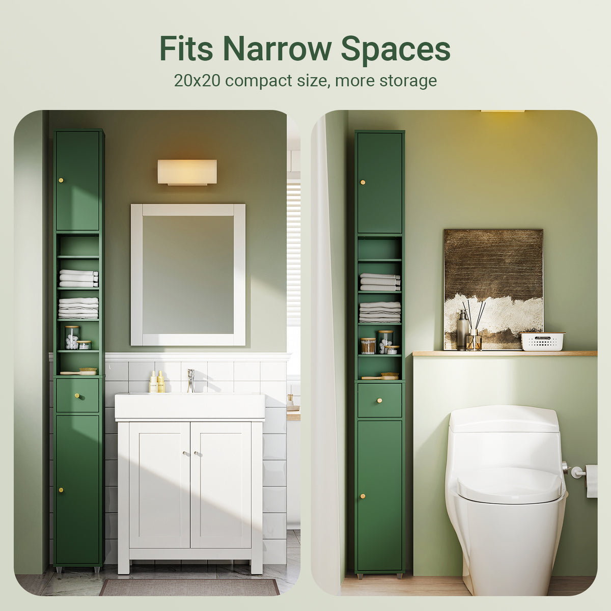 SoBuy BZR34-II-SY in use – slim tall bathroom storage cabinet 10 colour options dark green