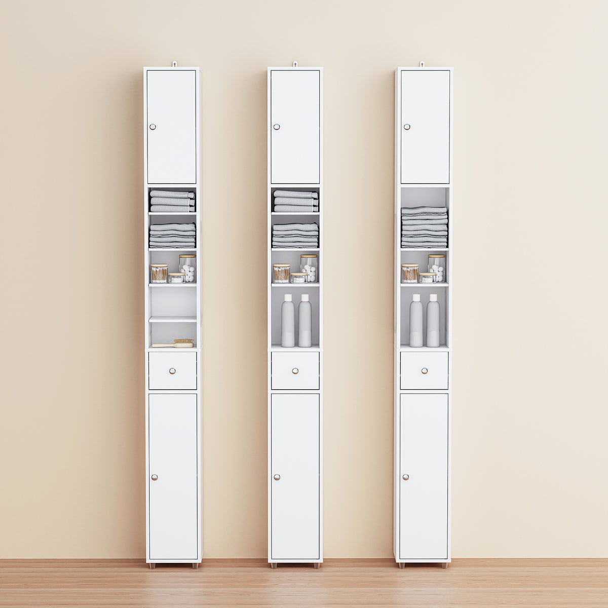 SoBuy BZR34-II-W freestanding bathroom cabinet white – lifestyle scene bathroom setting angle view