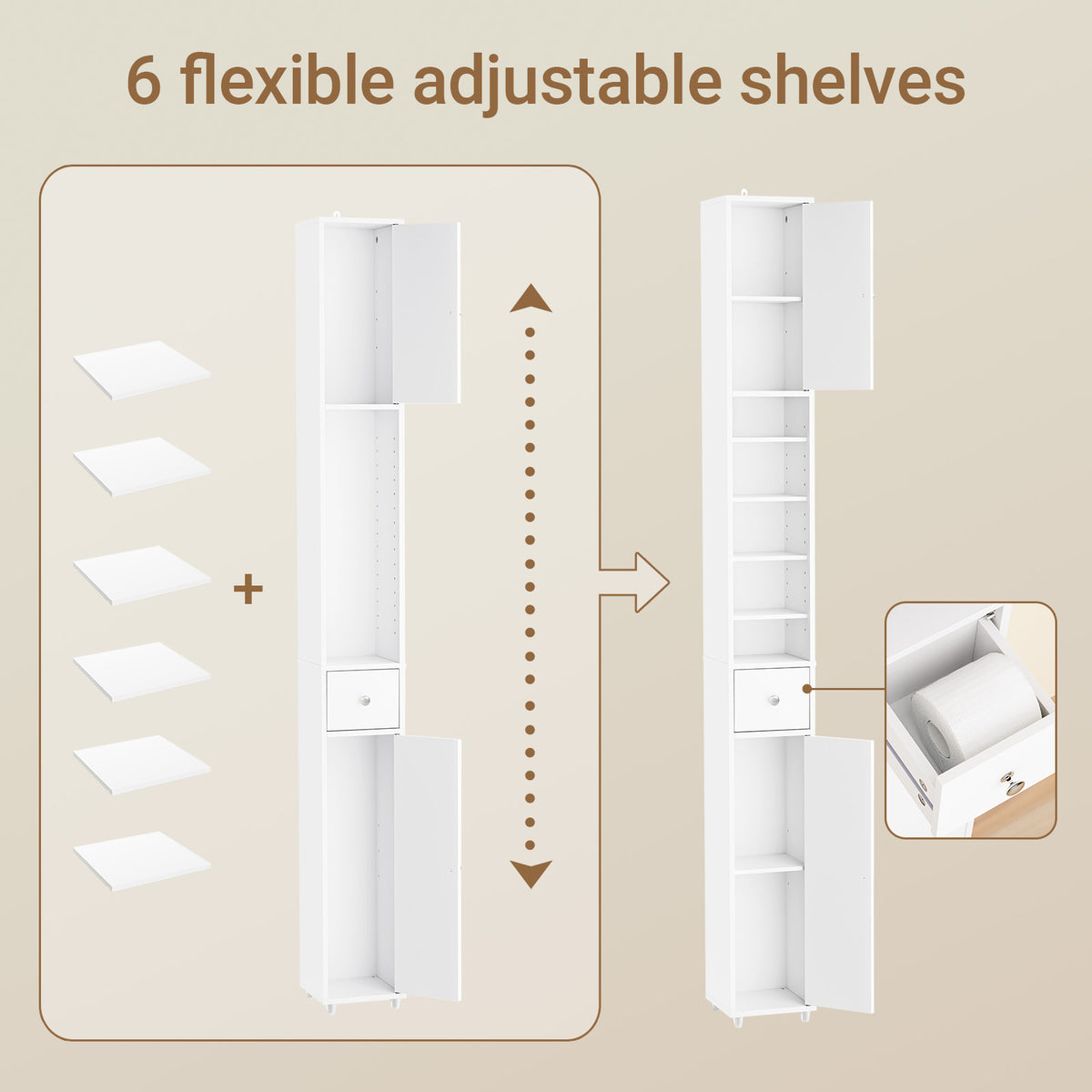 SoBuy BZR34-II-W tall bathroom cupboard – adjustable shelf detail showing height-customisable internal layout