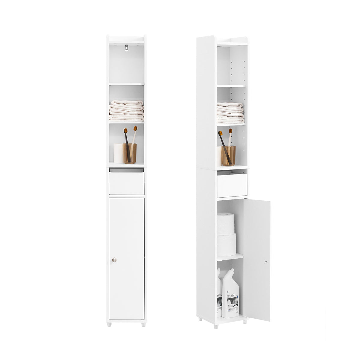 SoBuy BZR34-K-W, Bathroom Storage Tall Cabinet Slim Bathroom Storage Unit with Door & Drawer Narrow Storage Cabinet Freestanding Storage Furniture for Small Bathrooms 20x20x145cm