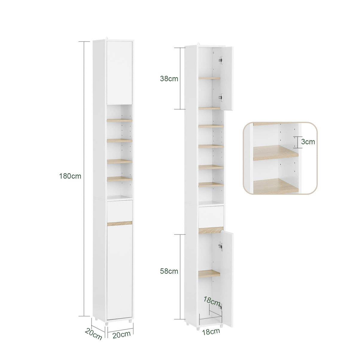 SoBuy BZR34-WN bathroom cabinet dimensions W20 D20 H180cm diagram