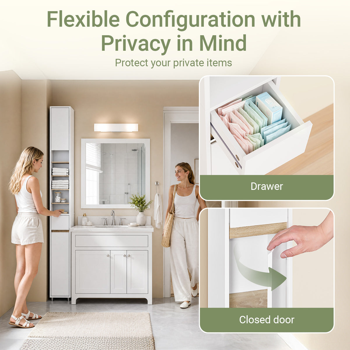 Slim bathroom tallboy cabinet with central drawer and adjustable shelves