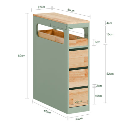 SoBuy BZR54-II-GR, Slim Bathroom Storage Cabinet with Wheels, 3 Drawers – Narrow Freestanding Bathroom Storage Unit in Wood, Green 65x24x82cm