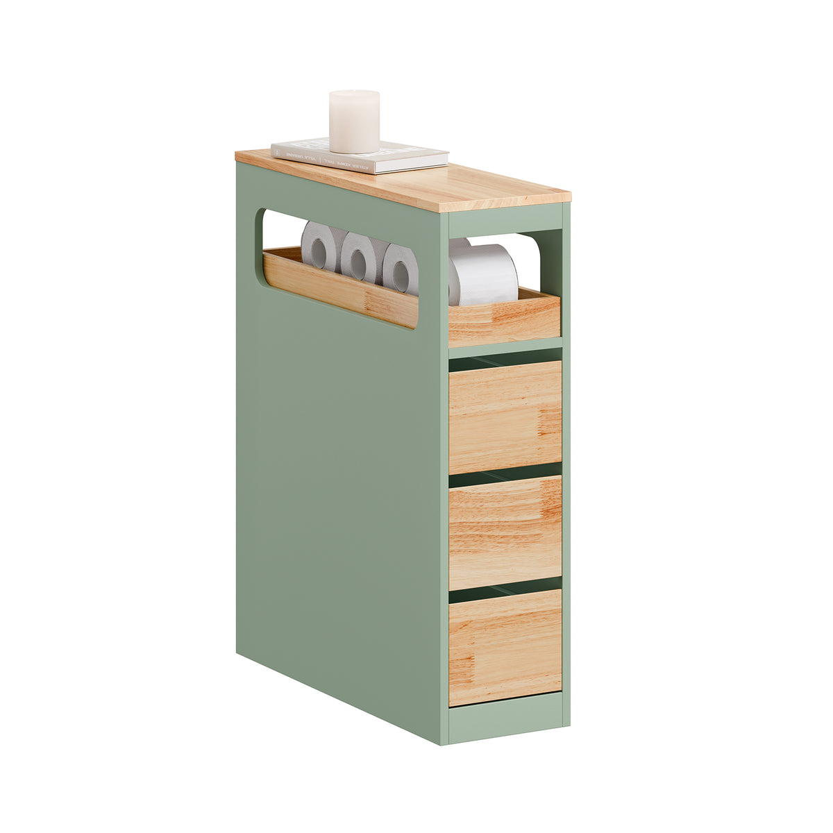 SoBuy BZR54-II-GR, Slim Bathroom Storage Cabinet with Wheels, 3 Drawers – Narrow Freestanding Bathroom Storage Unit in Wood, Green 65x24x82cm