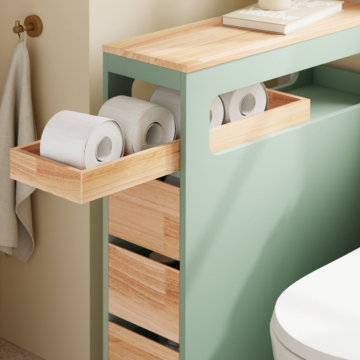 SoBuy BZR54-II-GR, Slim Bathroom Storage Cabinet with Wheels, 3 Drawers – Narrow Freestanding Bathroom Storage Unit in Wood, Green 65x24x82cm