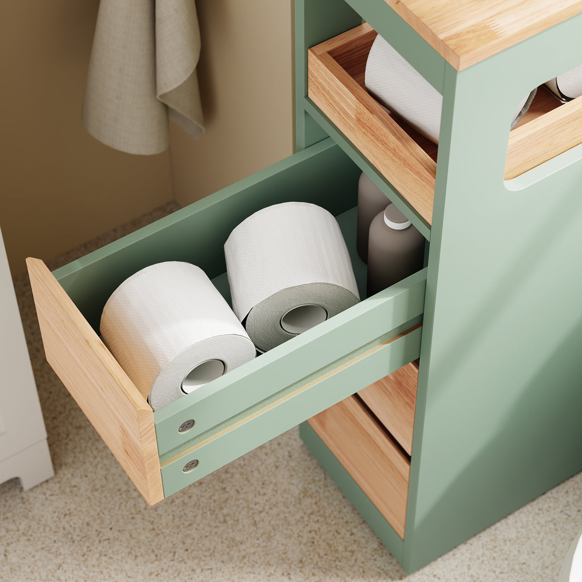 SoBuy BZR54-II-GR, Slim Bathroom Storage Cabinet with Wheels, 3 Drawers – Narrow Freestanding Bathroom Storage Unit in Wood, Green 65x24x82cm