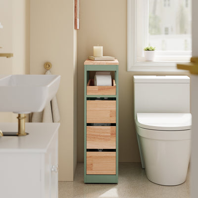 SoBuy BZR54-II-GR, Slim Bathroom Storage Cabinet with Wheels, 3 Drawers – Narrow Freestanding Bathroom Storage Unit in Wood, Green 65x24x82cm
