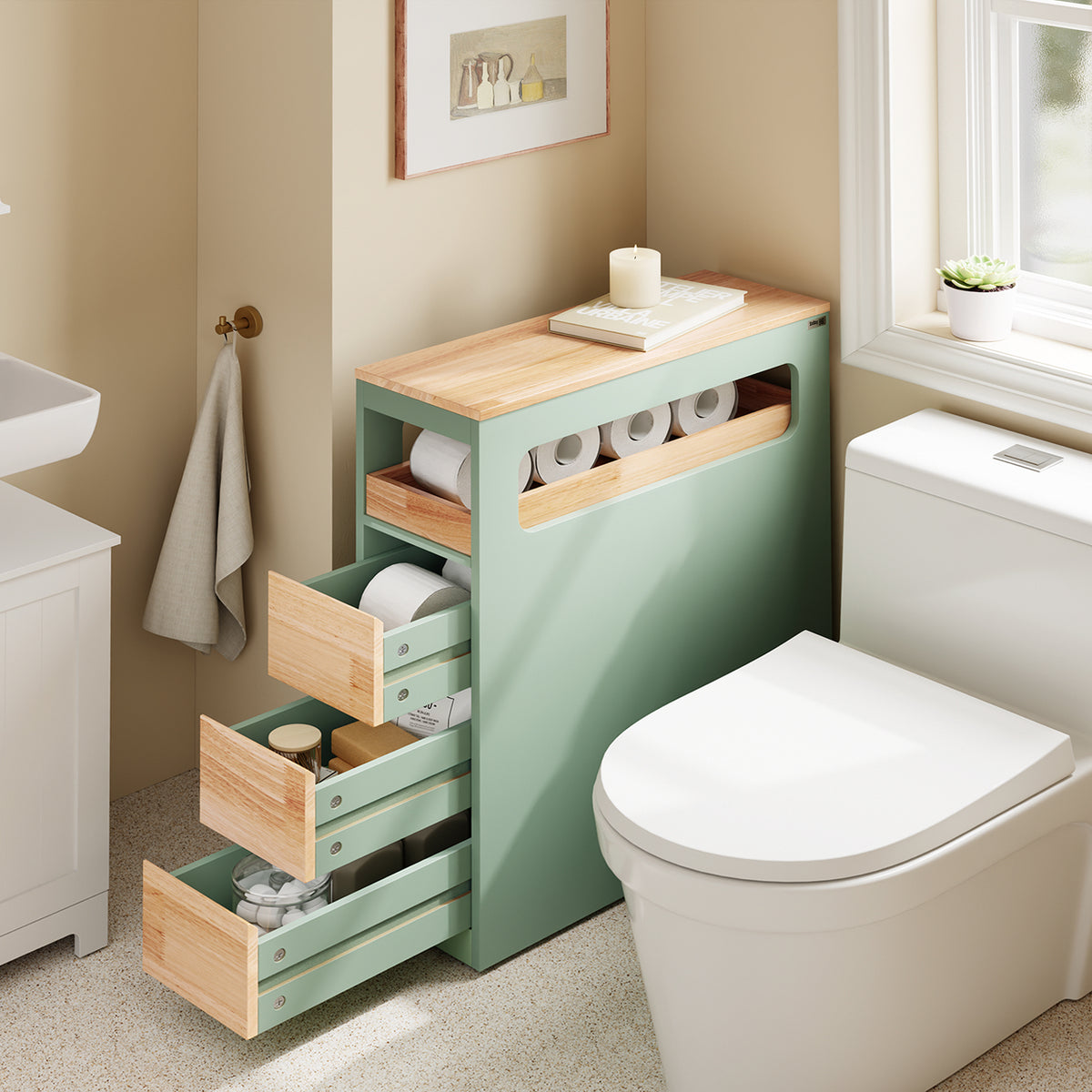 SoBuy BZR54-II-GR, Slim Bathroom Storage Cabinet with Wheels, 3 Drawers – Narrow Freestanding Bathroom Storage Unit in Wood, Green 65x24x82cm