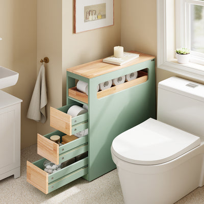 SoBuy BZR54-II-GR, Slim Bathroom Storage Cabinet with Wheels, 3 Drawers – Narrow Freestanding Bathroom Storage Unit in Wood, Green 65x24x82cm