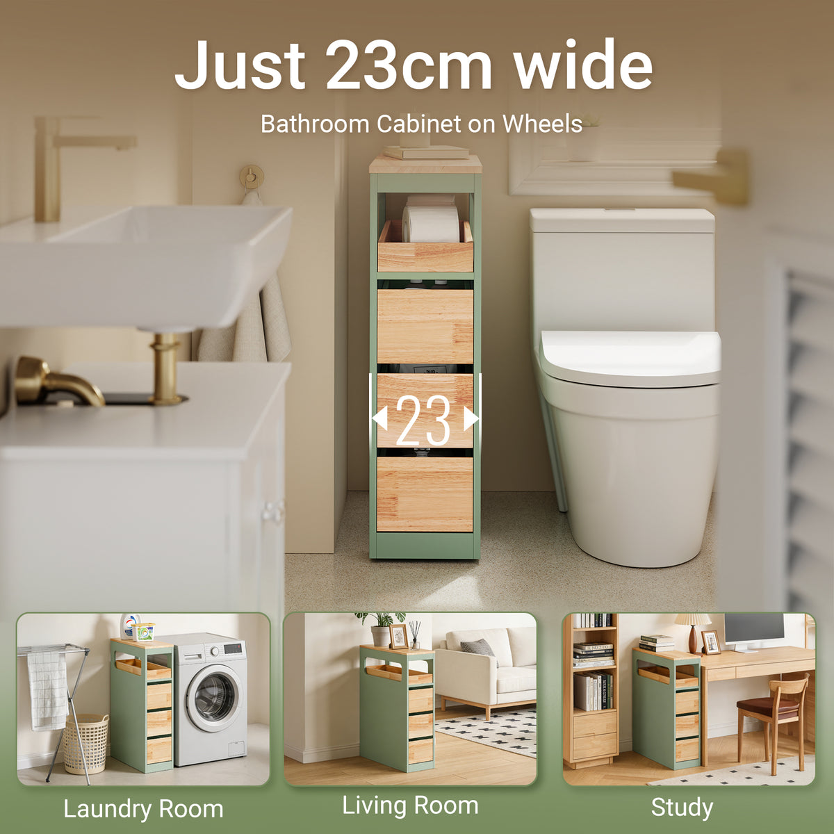 SoBuy BZR54-II-GR, Slim Bathroom Storage Cabinet with Wheels, 3 Drawers – Narrow Freestanding Bathroom Storage Unit in Wood, Green 65x24x82cm