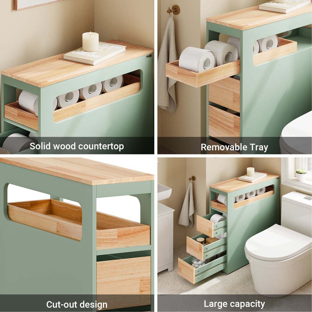 SoBuy BZR54-II-GR, Slim Bathroom Storage Cabinet with Wheels, 3 Drawers – Narrow Freestanding Bathroom Storage Unit in Wood, Green 65x24x82cm