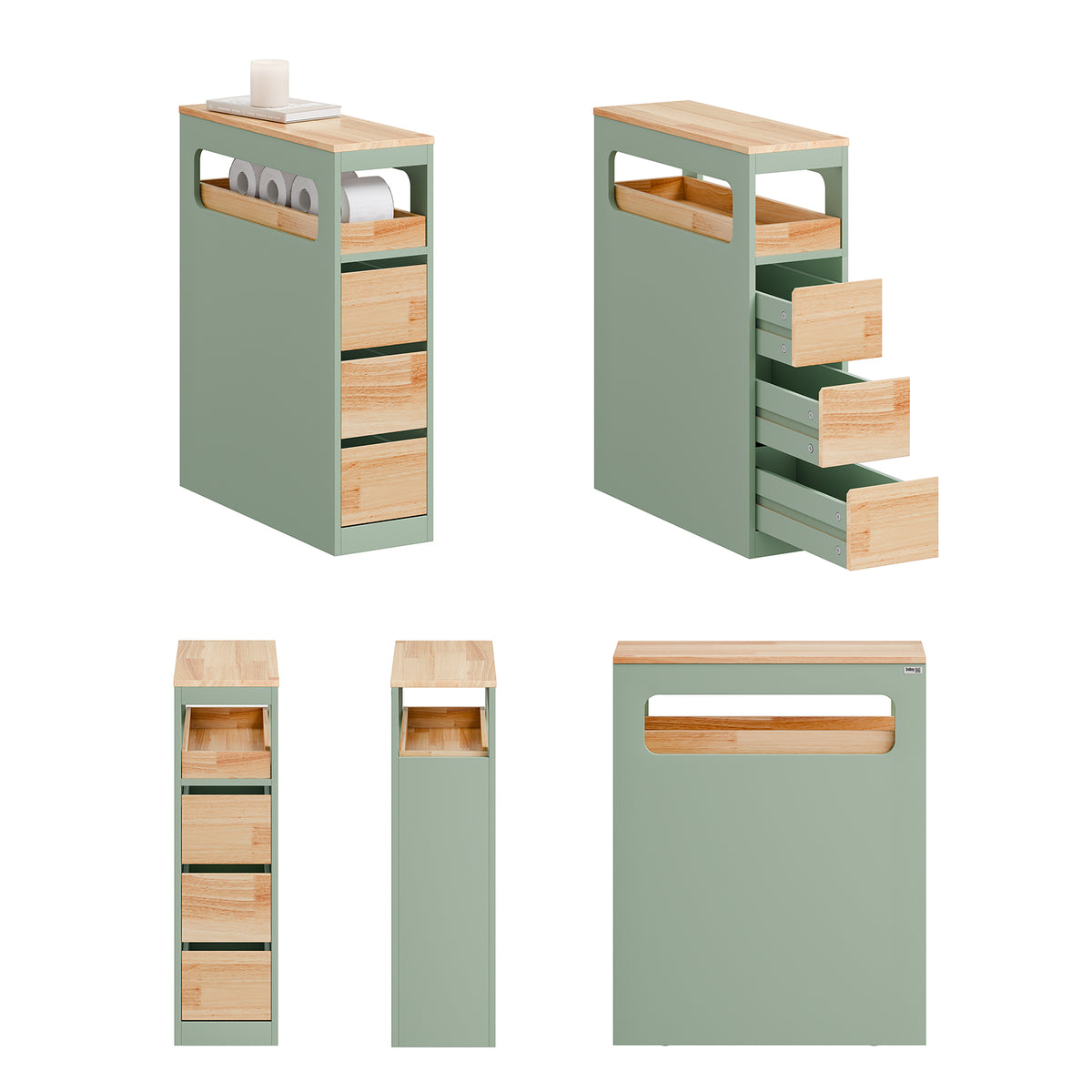 SoBuy BZR54-II-GR, Slim Bathroom Storage Cabinet with Wheels, 3 Drawers – Narrow Freestanding Bathroom Storage Unit in Wood, Green 65x24x82cm