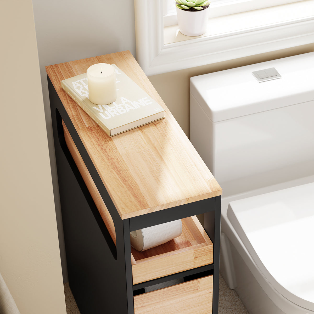 SoBuy BZR54-II-SCH, Slim Bathroom Storage Cabinet with Wheels, 3 Drawers – Narrow Freestanding Bathroom Storage Unit in Wood, Black 65x24x82cm