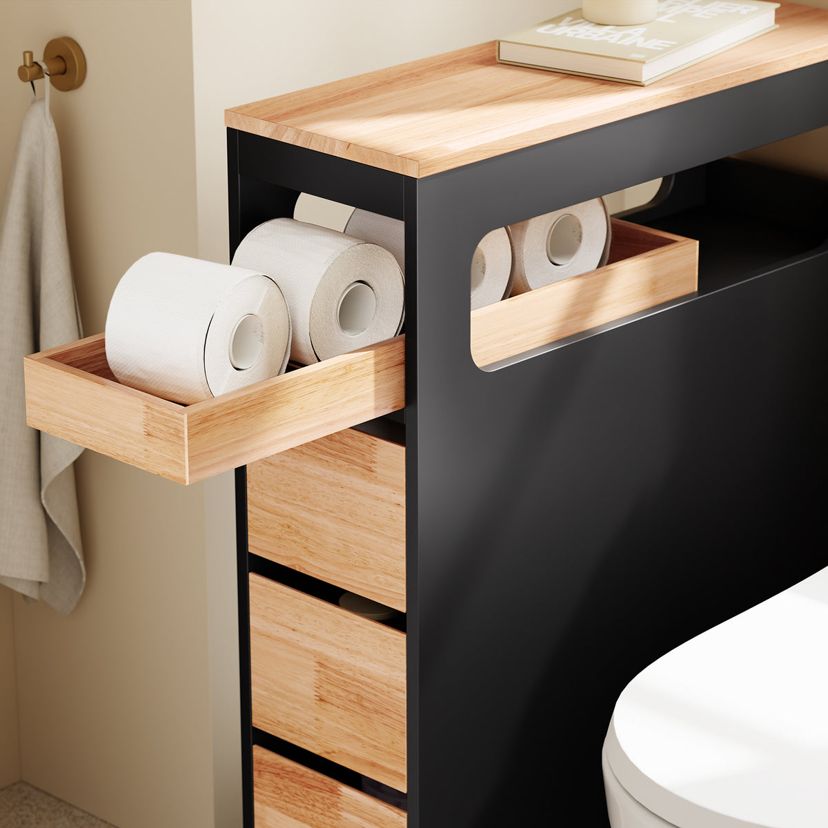 SoBuy BZR54-II-SCH, Slim Bathroom Storage Cabinet with Wheels, 3 Drawers – Narrow Freestanding Bathroom Storage Unit in Wood, Black 65x24x82cm