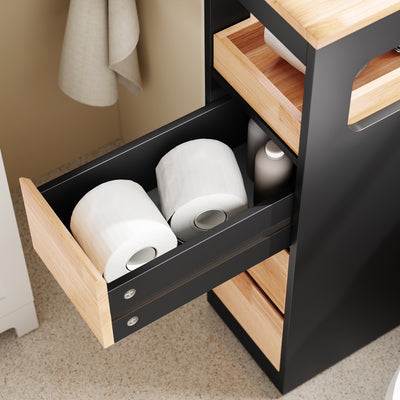 SoBuy BZR54-II-SCH, Slim Bathroom Storage Cabinet with Wheels, 3 Drawers – Narrow Freestanding Bathroom Storage Unit in Wood, Black 65x24x82cm