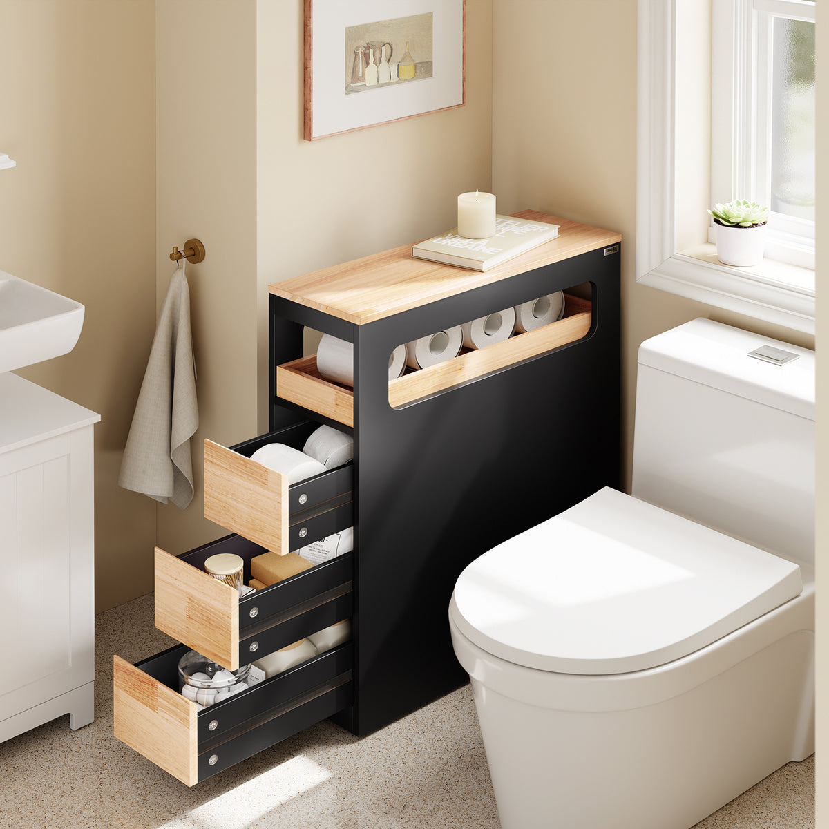 SoBuy BZR54-II-SCH, Slim Bathroom Storage Cabinet with Wheels, 3 Drawers – Narrow Freestanding Bathroom Storage Unit in Wood, Black 65x24x82cm