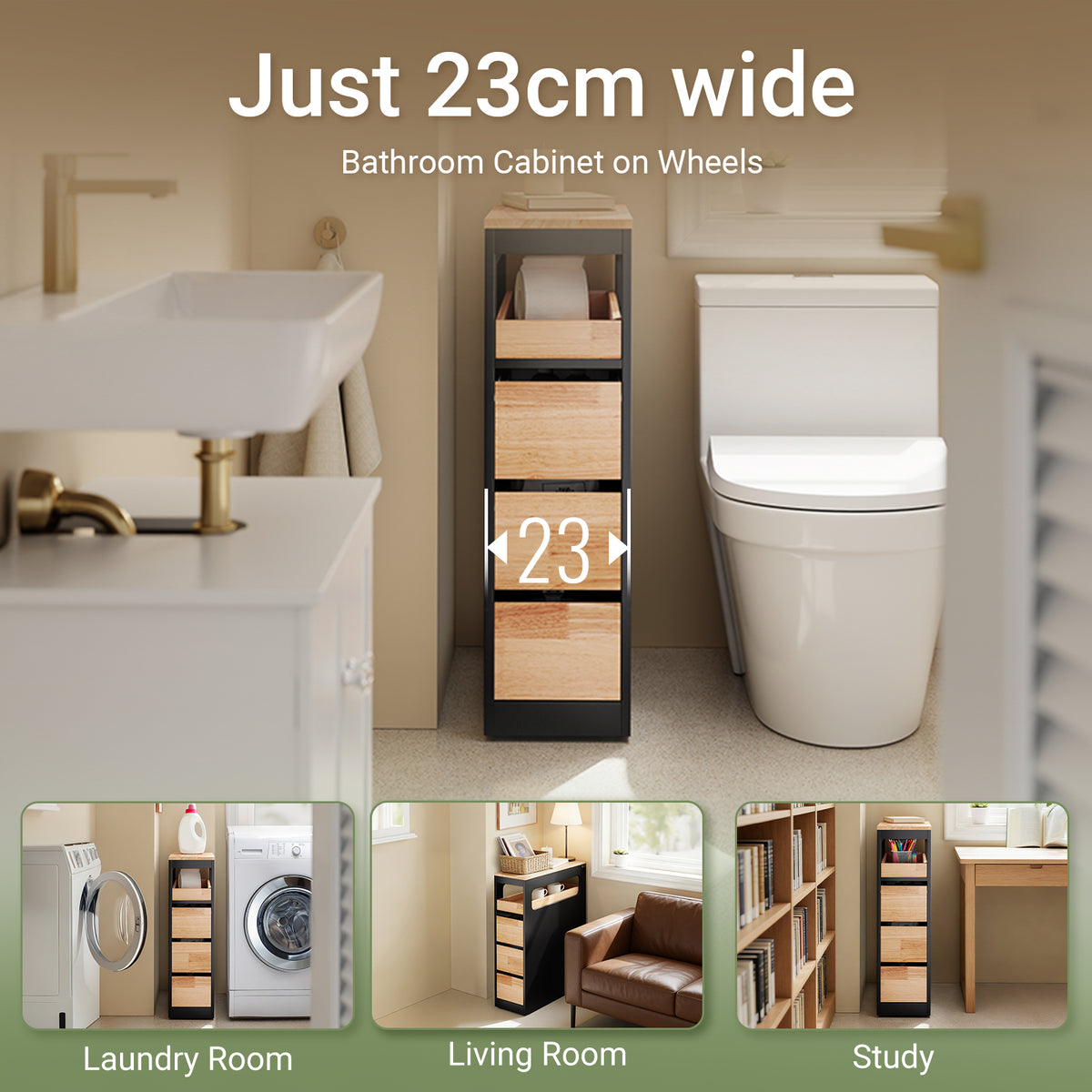 SoBuy BZR54-II-SCH, Slim Bathroom Storage Cabinet with Wheels, 3 Drawers – Narrow Freestanding Bathroom Storage Unit in Wood, Black 65x24x82cm