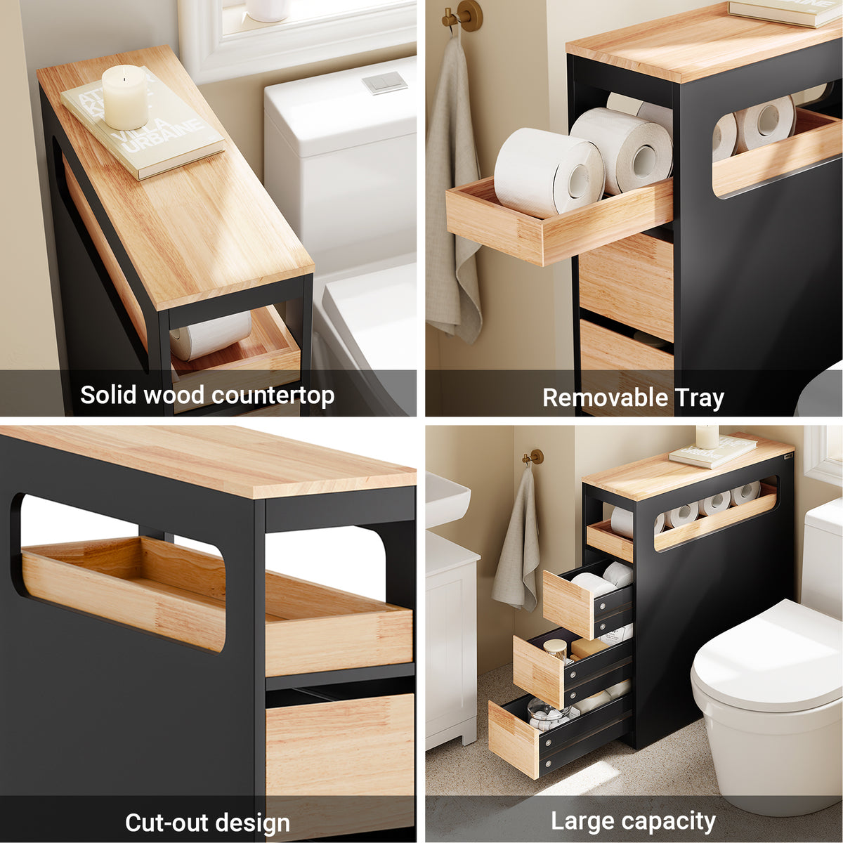 SoBuy BZR54-II-SCH, Slim Bathroom Storage Cabinet with Wheels, 3 Drawers – Narrow Freestanding Bathroom Storage Unit in Wood, Black 65x24x82cm