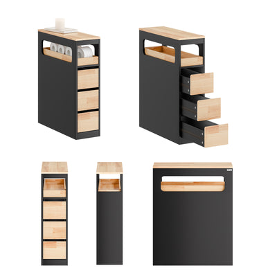 SoBuy BZR54-II-SCH, Slim Bathroom Storage Cabinet with Wheels, 3 Drawers – Narrow Freestanding Bathroom Storage Unit in Wood, Black 65x24x82cm