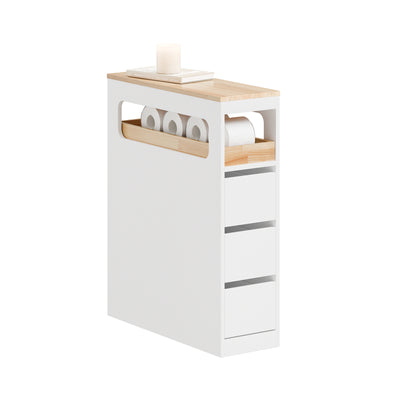 SoBuy BZR54-II-W, Slim Bathroom Storage Cabinet with Wheels, 3 Drawers – Narrow Freestanding Bathroom Storage Unit in Wood, White, 65x23x82cm