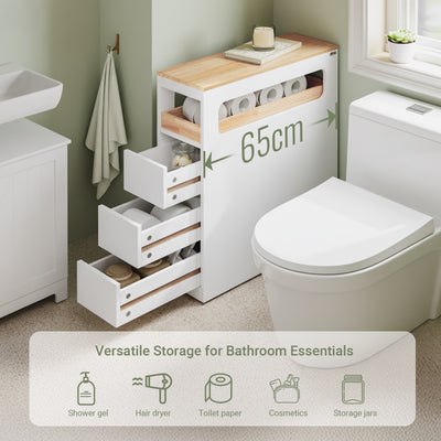 SoBuy BZR54-II-W, Slim Bathroom Storage Cabinet with Wheels, 3 Drawers – Narrow Freestanding Bathroom Storage Unit in Wood, White, 65x23x82cm