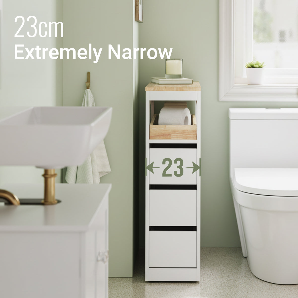 SoBuy BZR54-II-W, Slim Bathroom Storage Cabinet with Wheels, 3 Drawers – Narrow Freestanding Bathroom Storage Unit in Wood, White, 65x23x82cm