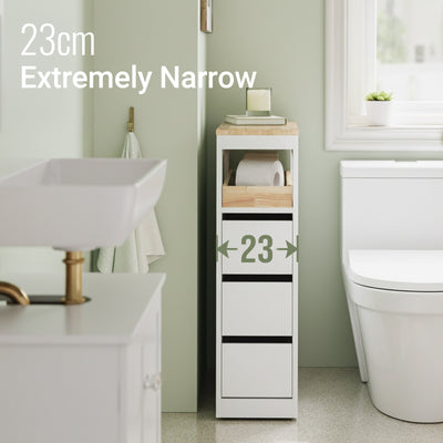 SoBuy BZR54-II-W, Slim Bathroom Storage Cabinet with Wheels, 3 Drawers – Narrow Freestanding Bathroom Storage Unit in Wood, White, 65x23x82cm