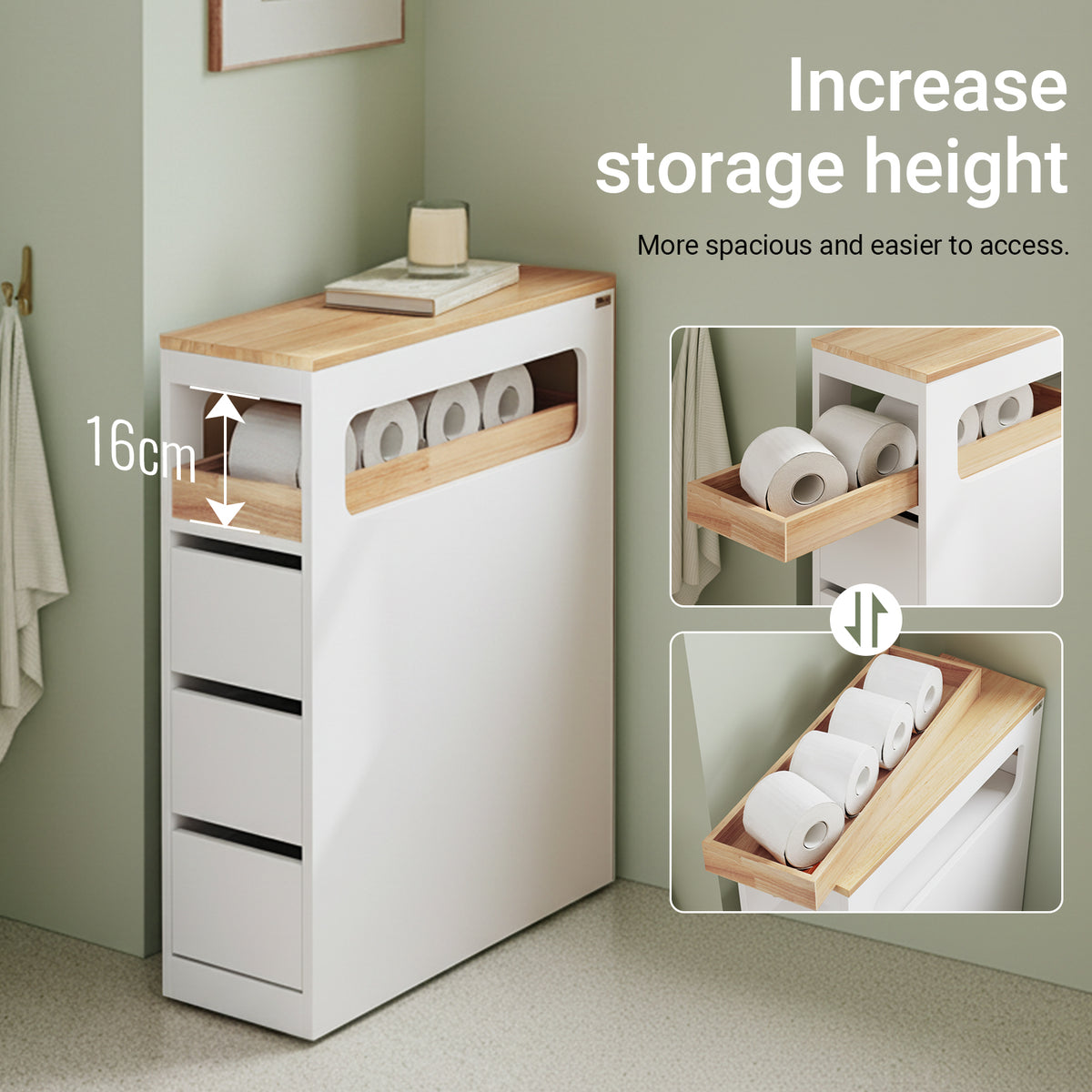 SoBuy BZR54-II-W, Slim Bathroom Storage Cabinet with Wheels, 3 Drawers – Narrow Freestanding Bathroom Storage Unit in Wood, White, 65x23x82cm