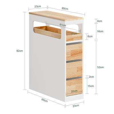 SoBuy BZR54-III-WN, Slim Bathroom Storage Cabinet with Wheels, 3 Drawers – Narrow Freestanding Bathroom Storage Unit in Wood, White+Nature, 65x23x82cm