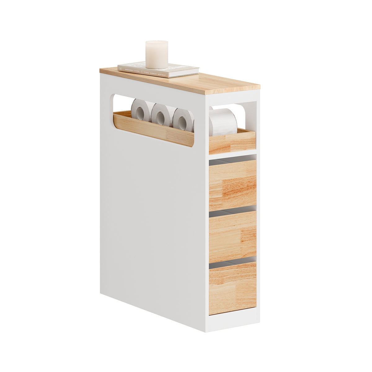 SoBuy BZR54-III-WN, Slim Bathroom Storage Cabinet with Wheels, 3 Drawers – Narrow Freestanding Bathroom Storage Unit in Wood, White+Nature, 65x23x82cm