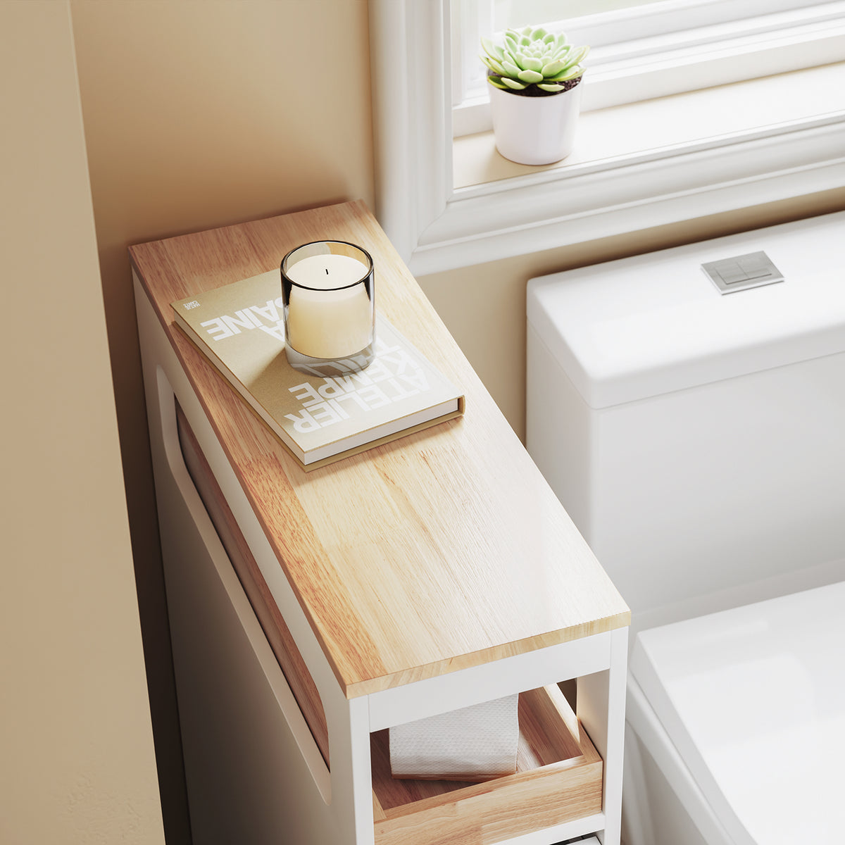 SoBuy BZR54-III-WN, Slim Bathroom Storage Cabinet with Wheels, 3 Drawers – Narrow Freestanding Bathroom Storage Unit in Wood, White+Nature, 65x23x82cm
