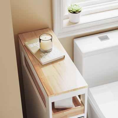 SoBuy BZR54-III-WN, Slim Bathroom Storage Cabinet with Wheels, 3 Drawers – Narrow Freestanding Bathroom Storage Unit in Wood, White+Nature, 65x23x82cm