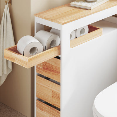SoBuy BZR54-III-WN, Slim Bathroom Storage Cabinet with Wheels, 3 Drawers – Narrow Freestanding Bathroom Storage Unit in Wood, White+Nature, 65x23x82cm