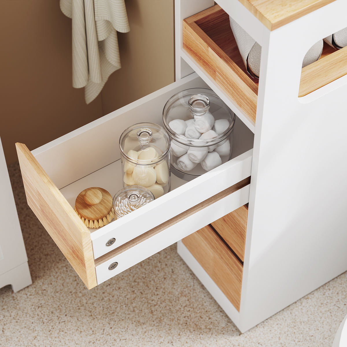 SoBuy BZR54-III-WN, Slim Bathroom Storage Cabinet with Wheels, 3 Drawers – Narrow Freestanding Bathroom Storage Unit in Wood, White+Nature, 65x23x82cm
